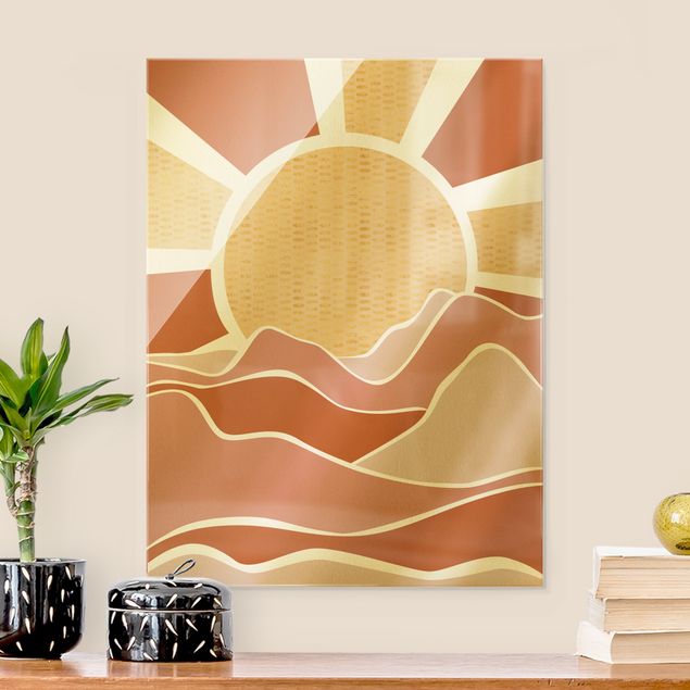 Wandbilder Glas XXL Berglandschaft mit goldenem Sonnenaufgang
