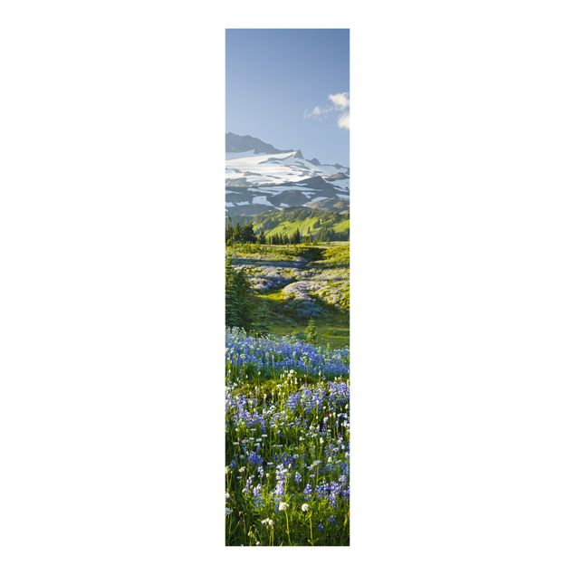 Schiebegardinen mit Motiv 3-teilig Bergwiese mit blauen Blumen vor Mt. Rainier