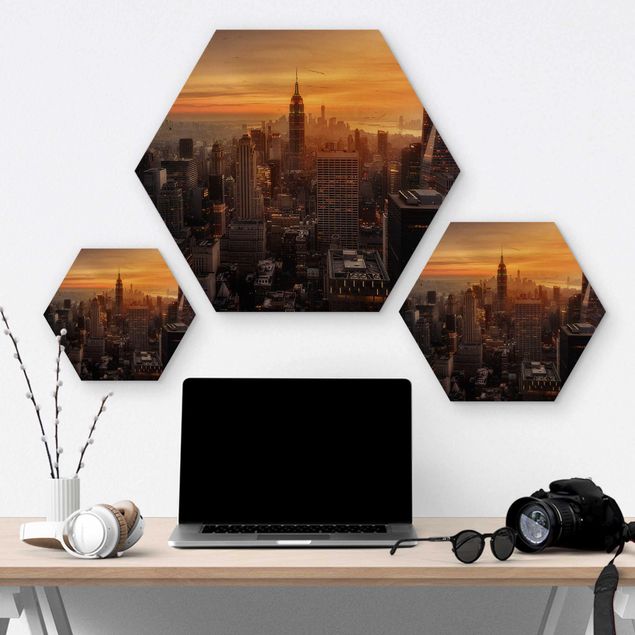 Hexagon Bild Holz - Manhattan Skyline Abendstimmung