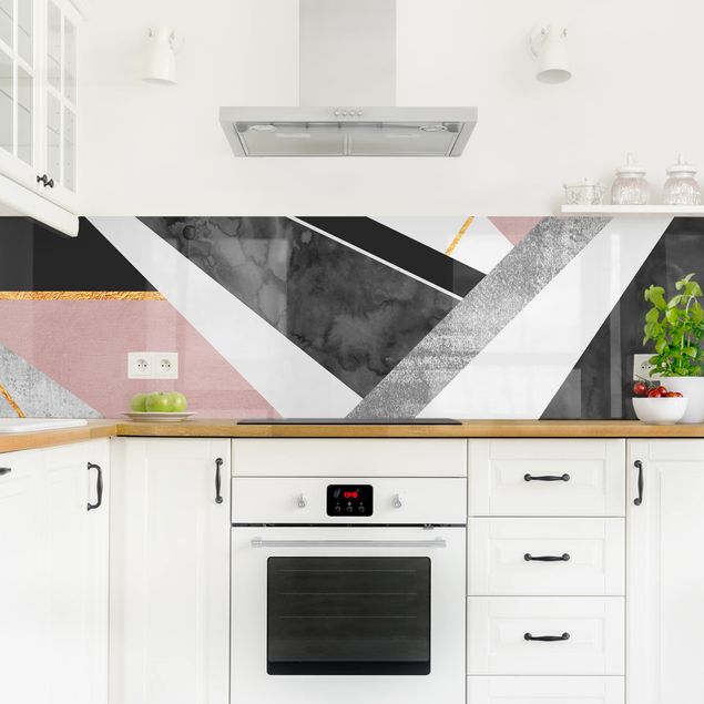Küchenrückwand abstrakt Schwarz Weiß Geometrie mit Gold