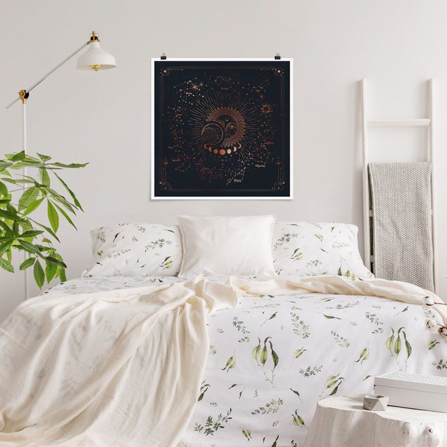 Weltkarte Wandposter Astrologie Sonne Mond und Sterne Blau Gold