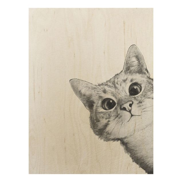 Holzbild - Illustration Katze Zeichnung Schwarz Weiß - Hochformat 4:3