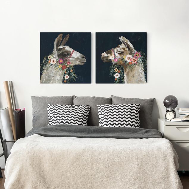 Leinwand Kunstdruck Lama mit Blumenschmuck Set I