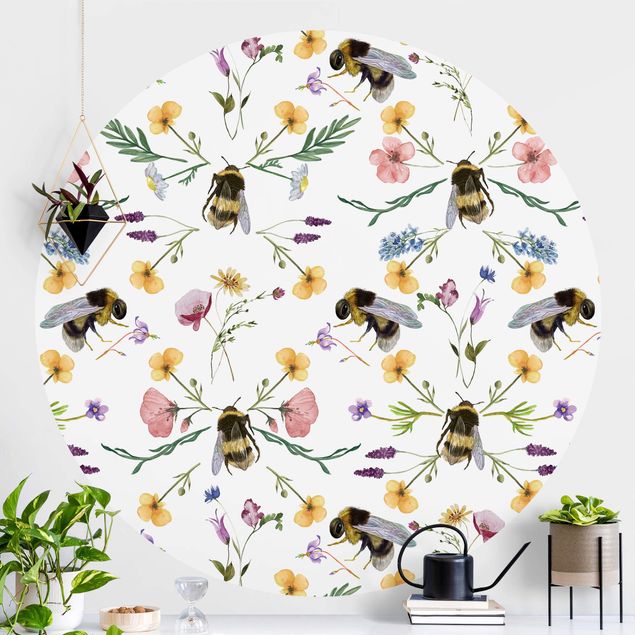 Fototapete rund Bienen mit Blumen