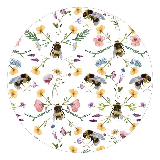Wandtapete Design Bienen mit Blumen