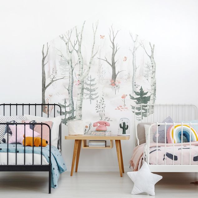 Kinderzimmer Tapete Tiere Birkenwald mit Mohnblumen