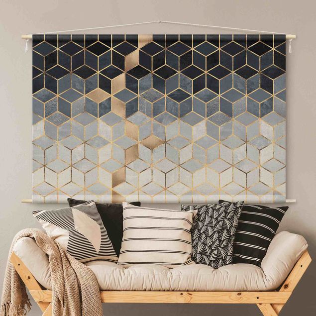 Wandteppich modern Blau Weiß goldene Geometrie