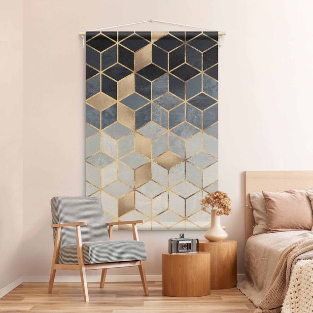 Wandbilder abstrakt Blau Weiß goldene Geometrie