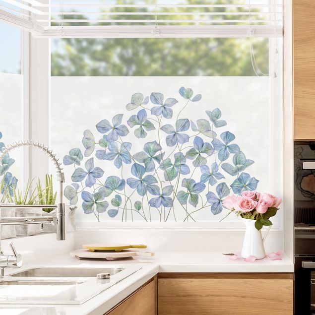 Fensterfolie Farbig Blaue Hortensienblüten