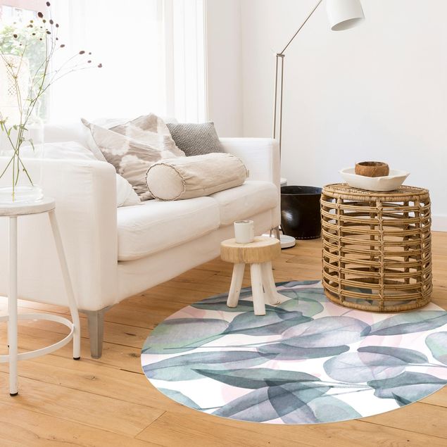 Moderne Teppiche Blaue und Rosane Eukalyptus Aquarellblätter