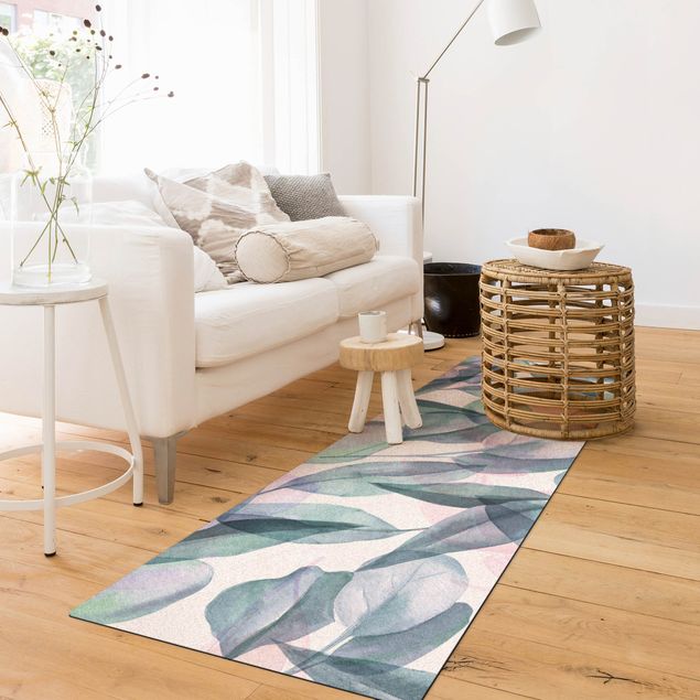 Moderner Teppich Blaue und Rosane Eukalyptus Aquarellblätter