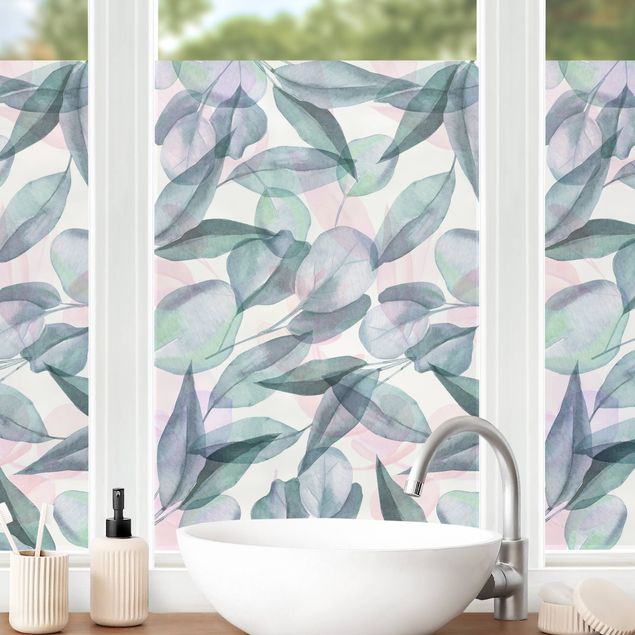 Fensterfolie Muster Blaue und Rosane Eukalyptus Aquarellblätter