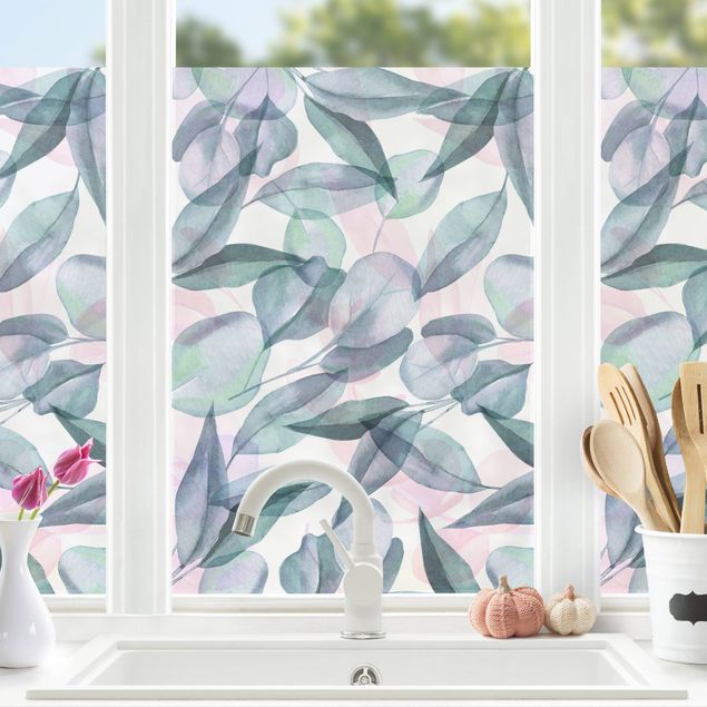 Fensterfolie Farbig Blaue und Rosane Eukalyptus Aquarellblätter