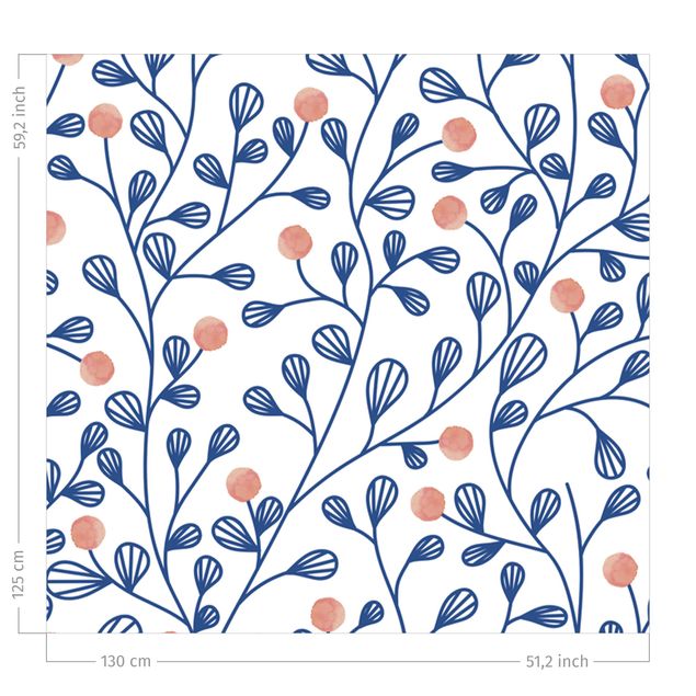Vorhang Blumen Blaues Pflanzen Muster mit Punkten in Rosa