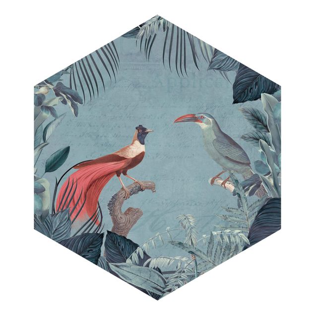Graue Tapeten Blaugraues Paradies mit tropischen Vögeln