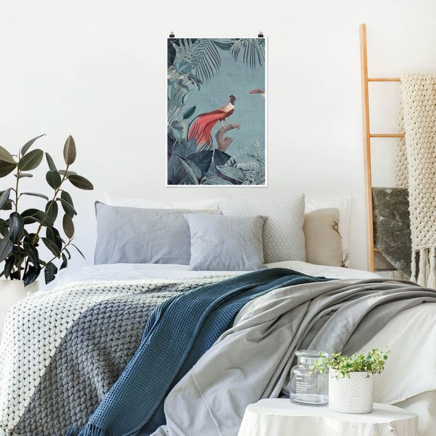 Poster Blumen Blaugraues Paradies mit tropischen Vögeln