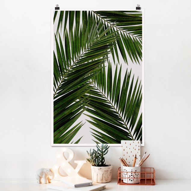 Poster Blumen Blick durch grüne Palmenblätter