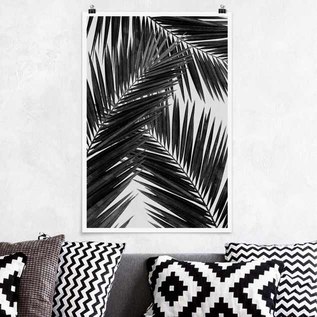 Poster Illustration Blick durch Palmenblätter schwarz weiß