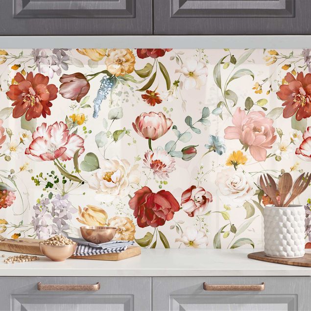 Küchenrückwände Platte Blumen Aquarell Vintage Muster auf Beige