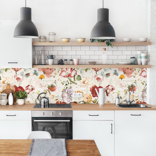 Glasrückwand Küche Blumen Blumen Aquarell Vintage Muster auf Beige