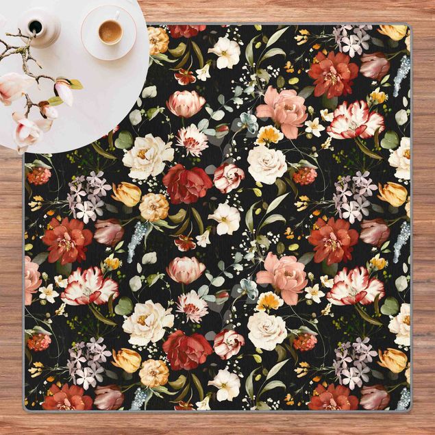 Teppich Orientalisch Blumen Aquarell Vintage Muster auf Schwarz