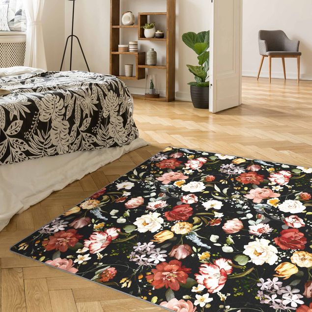 Teppiche Blumen Aquarell Vintage Muster auf Schwarz