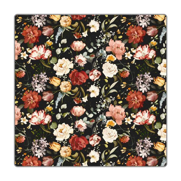Teppich Anthrazit Blumen Aquarell Vintage Muster auf Schwarz