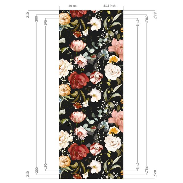 Duschrückwand - Blumen Aquarell Vintage Muster auf Schwarz