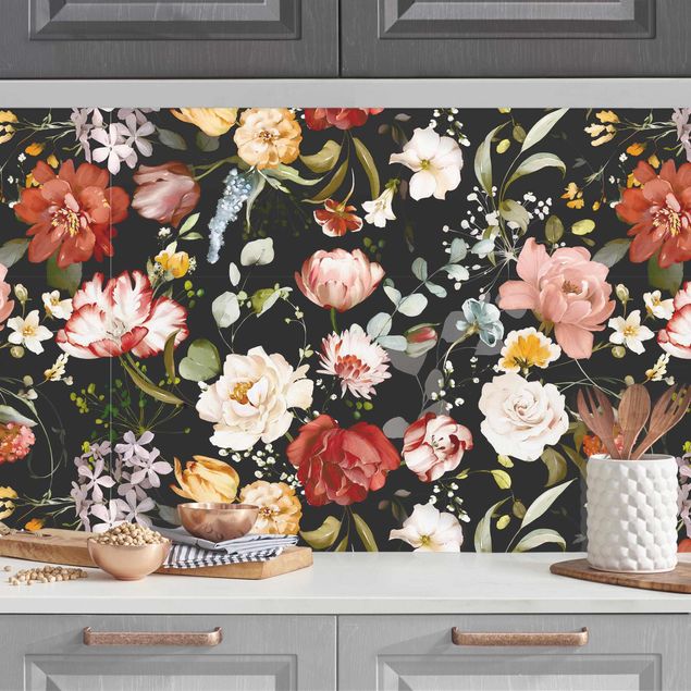 Küchenrückwände Platte Blumen Aquarell Vintage Muster auf Schwarz