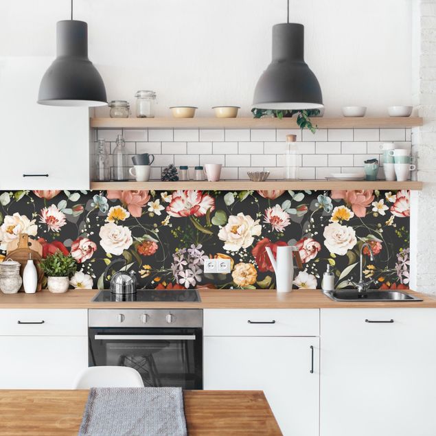 Küchenrückwand Gräser Blumen Aquarell Vintage Muster auf Schwarz