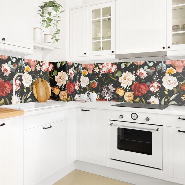 Küchenrückwand Glas Motiv Blumen Blumen Aquarell Vintage Muster auf Schwarz