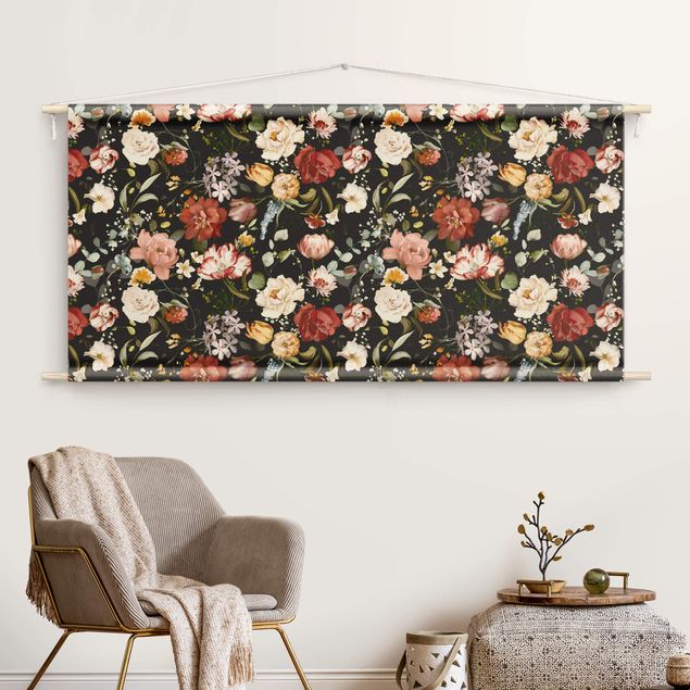 Wandbehang modern Blumen Aquarell Vintage Muster auf Schwarz