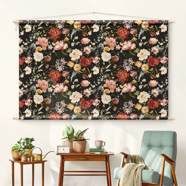 Wandbehang modern Blumen Aquarell Vintage Muster auf Schwarz