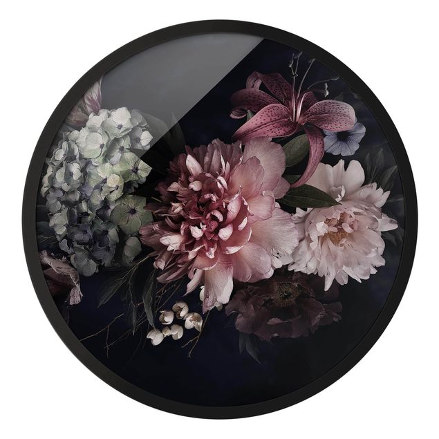 Rundes Gerahmtes Bild - Blumen mit Nebel auf Schwarz