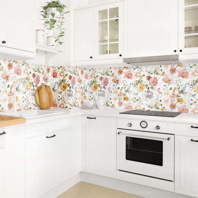 Küchenrückwand Folie Blumen Blumen und Vögel Aquarell Muster