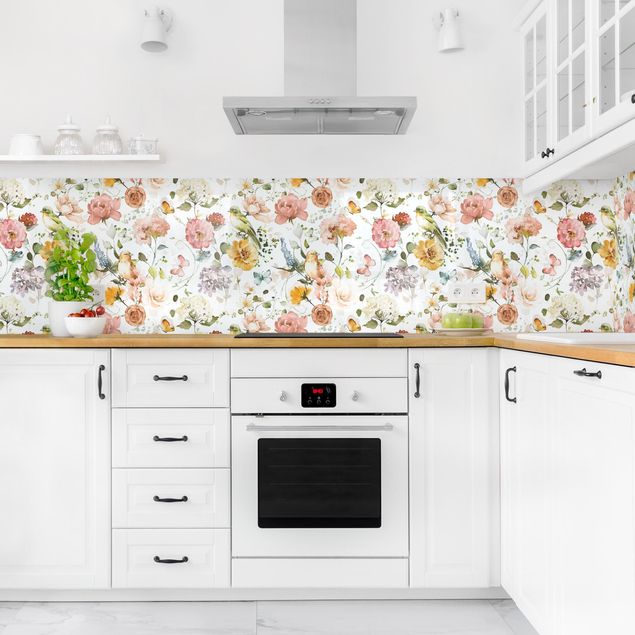 Glasrückwand Küche Blumen Blumen und Vögel Aquarell Muster
