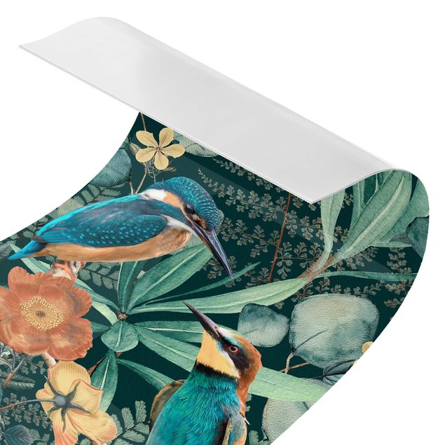 Duschrückwand - Blumenparadies Eisvogel und Kolibri