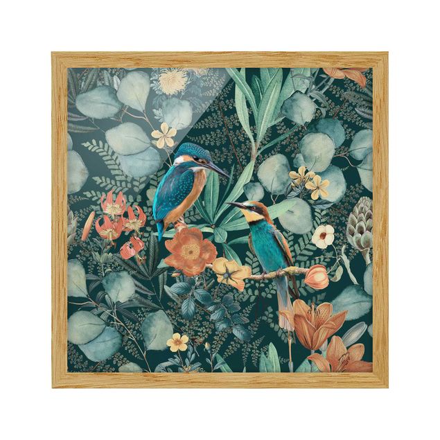 Kunstdruck Bilder mit Rahmen Blumenparadies Eisvogel und Kolibri
