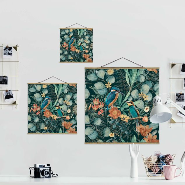 Stoffbild mit Posterleisten - Blumenparadies Eisvogel und Kolibri - Quadrat 1:1