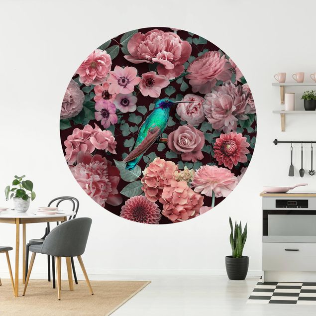 runde Fototapete Blumenparadies Kolibri mit Rosen