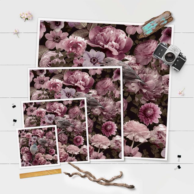 Poster - Blumenparadies Spatzen in Altrosa - Quadrat 1:1