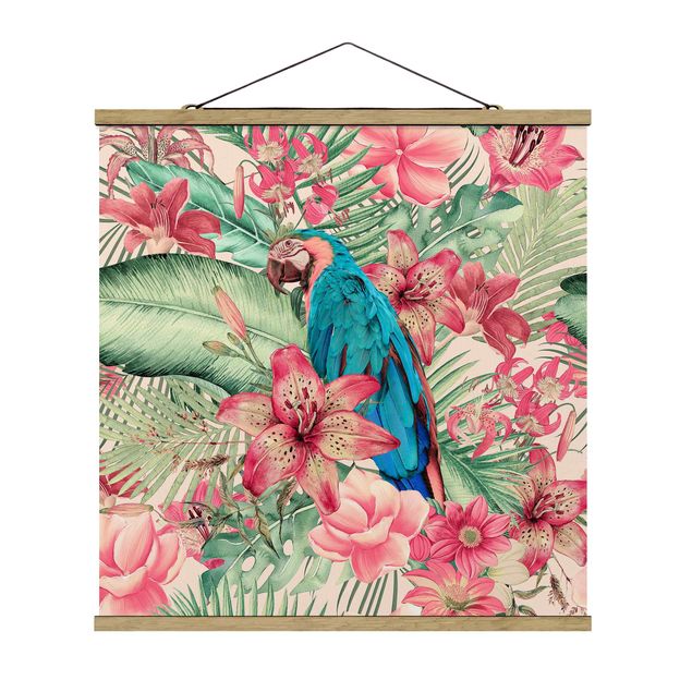 Stoffbild mit Posterleisten - Blumenparadies tropischer Papagei - Quadrat 1:1