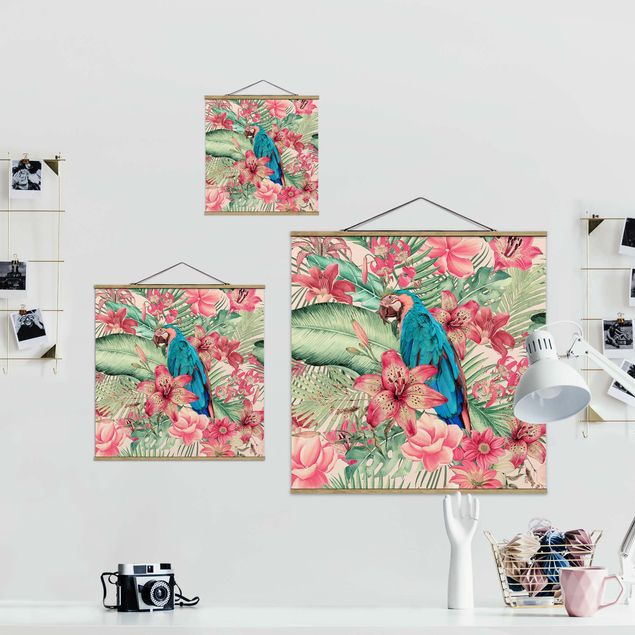 Stoffbild mit Posterleisten - Blumenparadies tropischer Papagei - Quadrat 1:1
