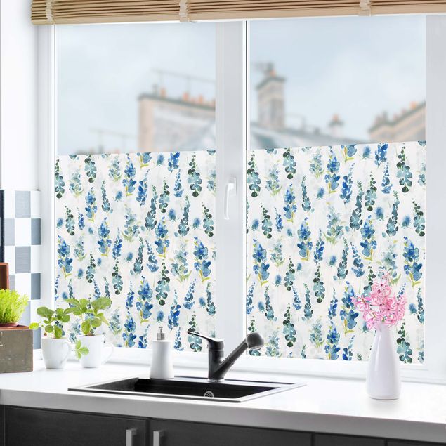 Fensterfolie Wohnzimmer Blumenpracht in Blau