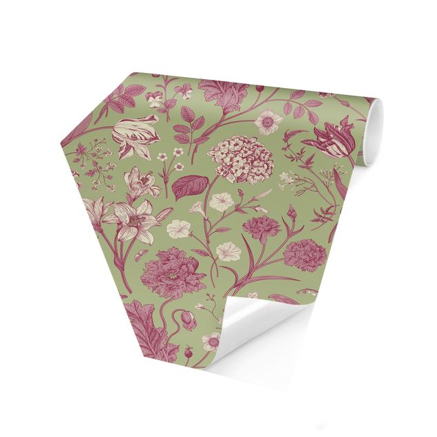 Tapeten Muster Blumentanz in Mint-Grün und Rosa Pastell
