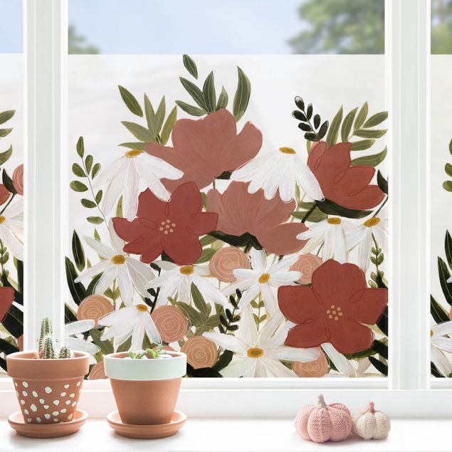 Fensterfolie Gräser Blumenvielfalt in Rosa und Weiß I