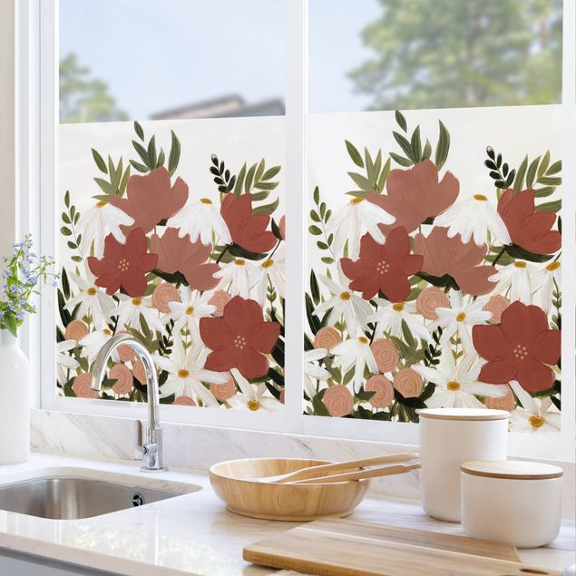 Fensterfolie Farbig Blumenvielfalt in Rosa und Weiß I