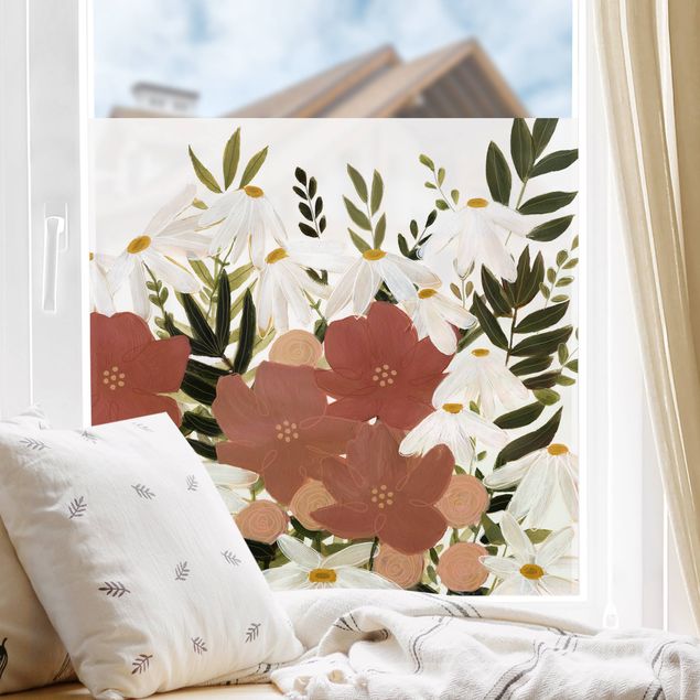 Fensterfolie Gräser Blumenvielfalt in Rosa und Weiß II
