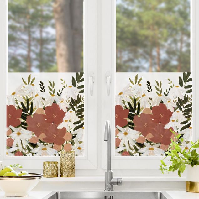 Fensterbild rot Blumenvielfalt in Rosa und Weiß II