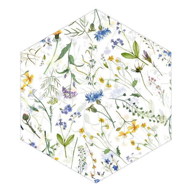Hexagon Mustertapete selbstklebend - Blumenwiese als Aquarell